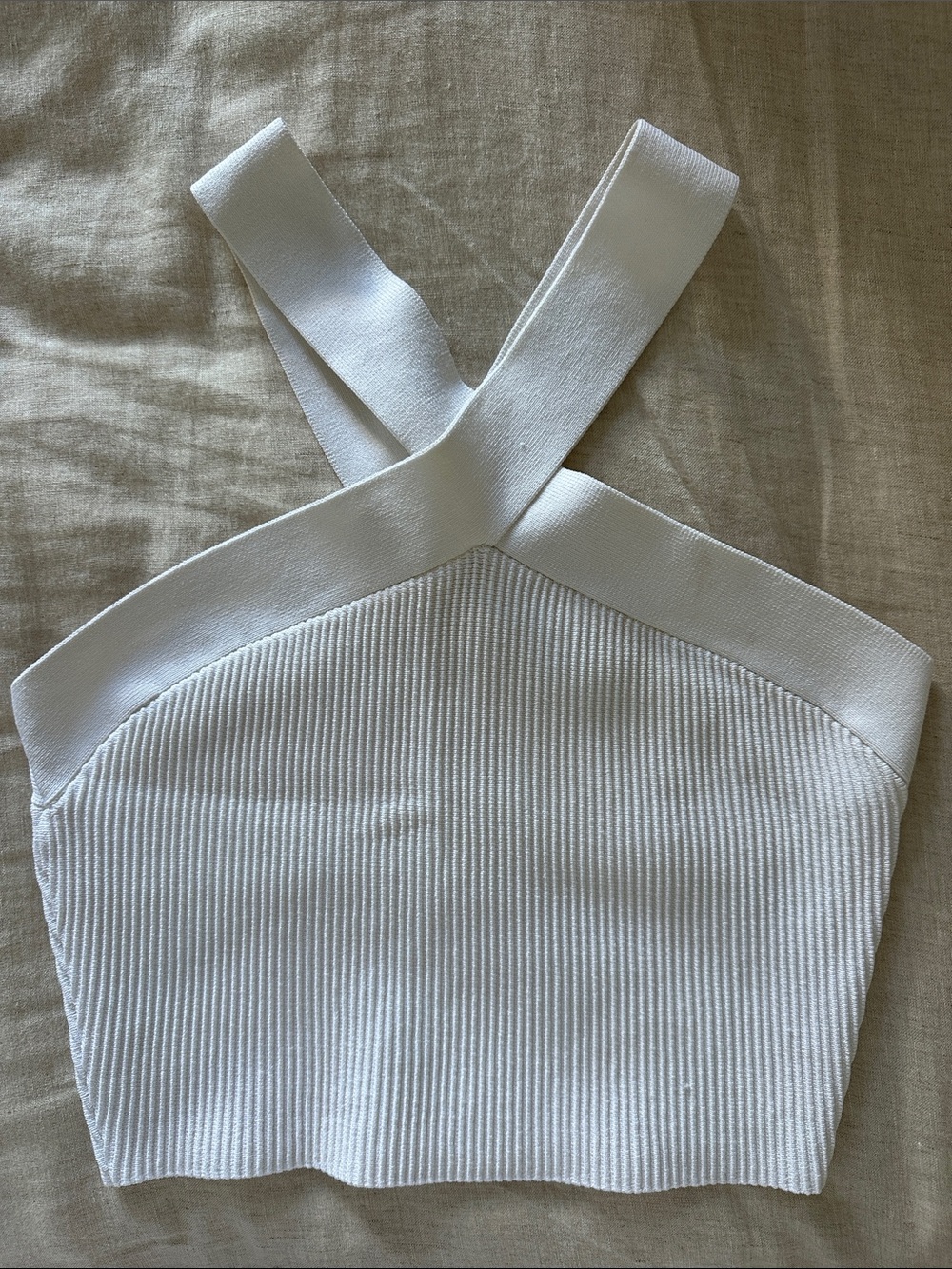 Babaton White Ribbed Cross-Back Crop Top